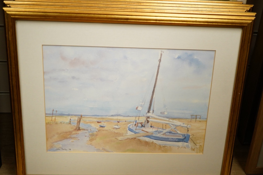 John Powley (Wapping Group, 1929-2018), a collection of six watercolours to include: ‘Mistley, Essex’, ‘Oast Houses, Pembury, Kent’ and ‘The Mill at Holbrook, Suffolk’, each signed and dated '88, 24 x 34cm